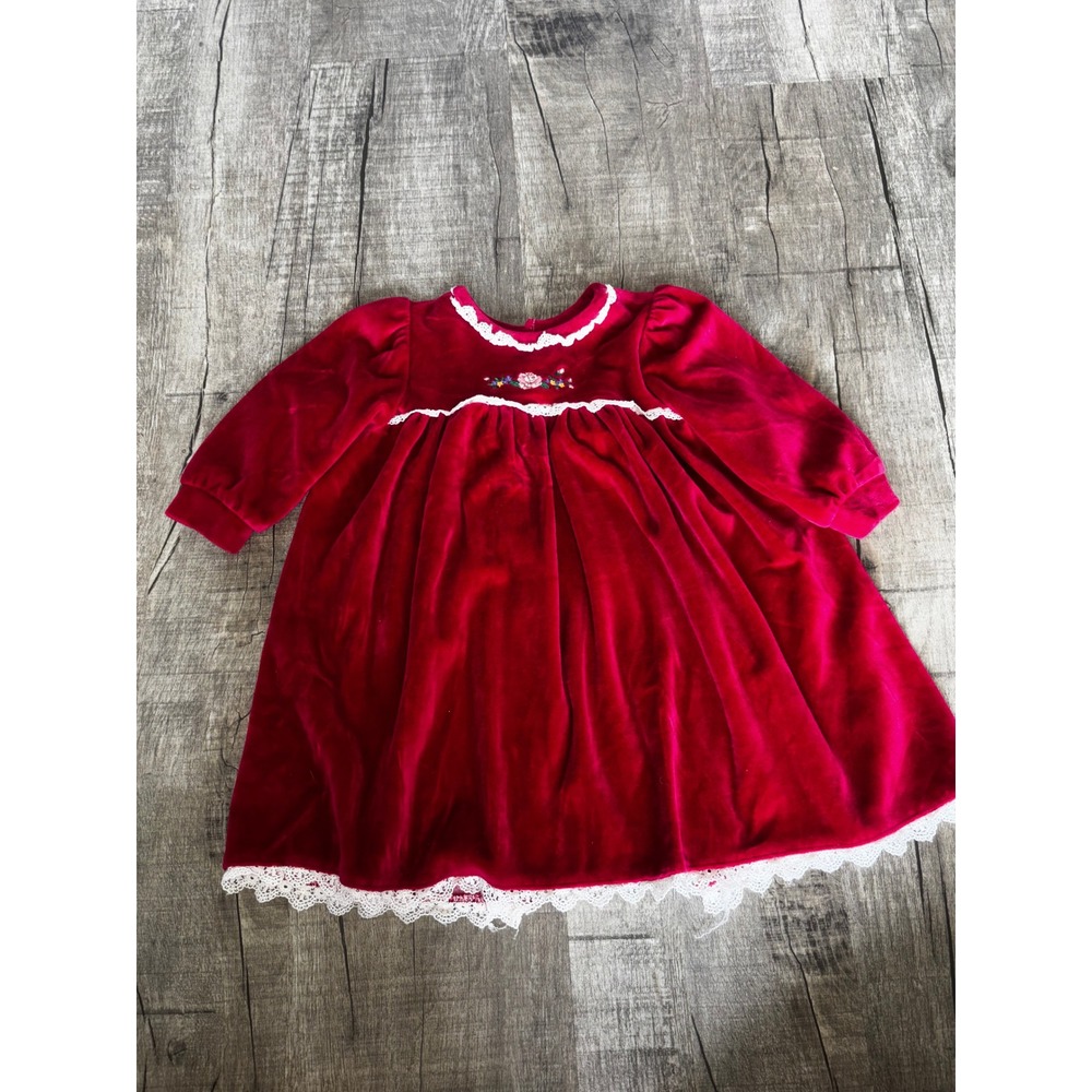 Little Me Vintage Baby Girl Red Velvet Floral Lace Holiday Dress 12 Months USA